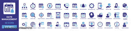 Date management icon set featuring solid glyph vectors for calendar schedule, time deadline, project planning, alarm notification, hourglass, start date, and user task management.