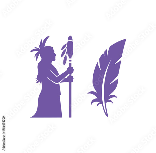 Purple silhouette of a Native American chief with feathered headdress holding a spear and a feather