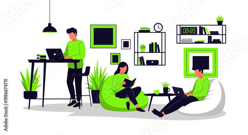 People working and relaxing in a modern office space.