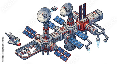 Futuristic Space Station with Spaceships and Satellites.