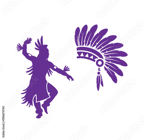 Purple silhouette of a Native American dancer and headdress on white background