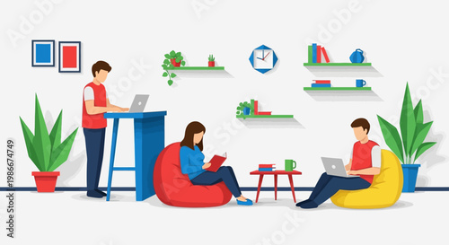 People working and relaxing in a modern office space.