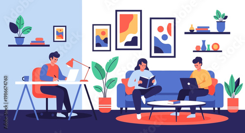 People studying and working in a modern living room.