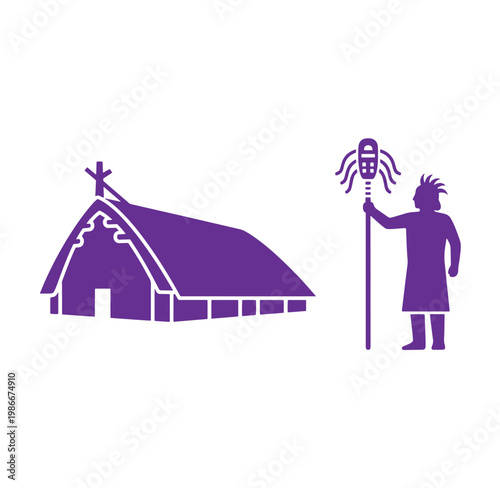purple silhouette of a shaman with a totemic insect staff standing next to a small hut