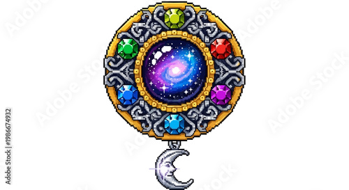 Ornate Celestial Amulet with Cosmic Galaxy Center and Gemstones.