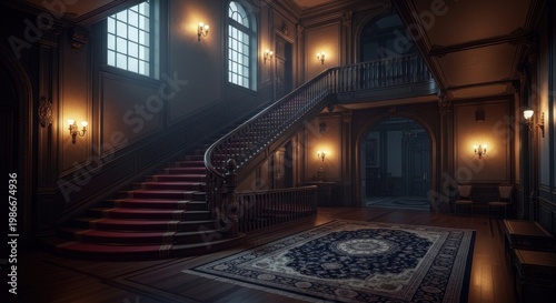 Grand victorian staircase a moody interior with warm lighting and rich textures