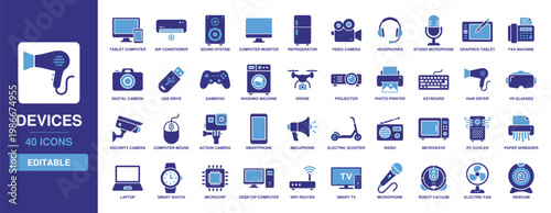 Devices icon set with solid glyph elements for smartphone, laptop, desktop computer, smart tv, camera, video projector, headphones, washing machine, and kitchen home appliances.