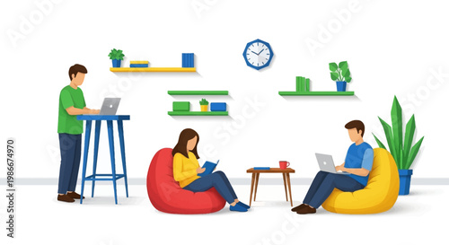 People working and relaxing in a modern office space.