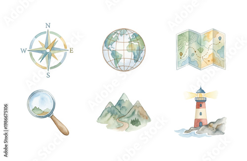 Watercolor Travel and Map Navigation Icon Set