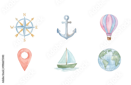 Watercolor Map and Travel Icons Set