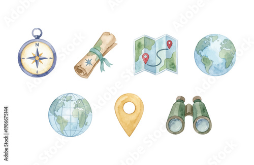 Watercolor map icons set with compass globe location pin binoculars and scroll on white background