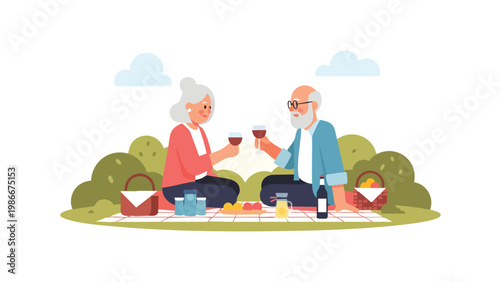Senior Couple Enjoying Picnic & Wine Toast Outdoors, Happy Retirement Lifestyle
