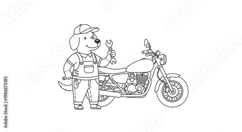 A charming cartoon illustration of a friendly dog dressed as a mechanic, holding a wrench and standing next to a classic motorcycle.