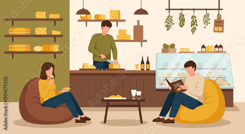 People enjoying leisure time in a cheese shop.