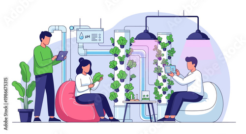 People tending to vertical hydroponic farm indoors.