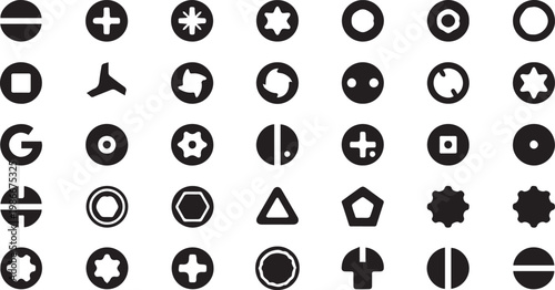 Screw Head Drive Types Silhouette Icon Set, Black Vector Symbols of Top View Fastener Heads including Phillips, Slotted, Hex, and Torx