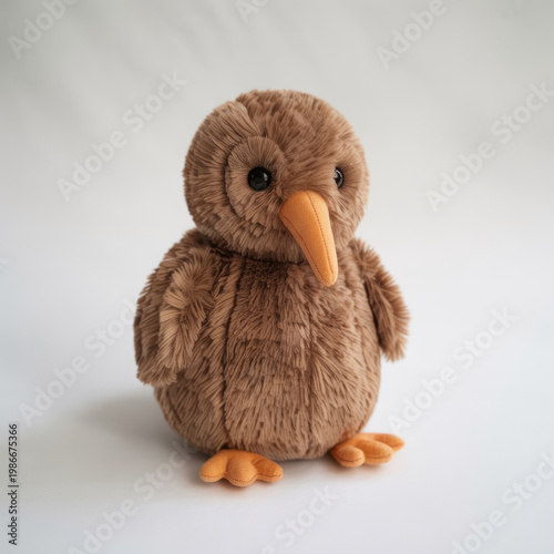 Adorable fluffy brown kiwi bird plush toy with orange beak and feet