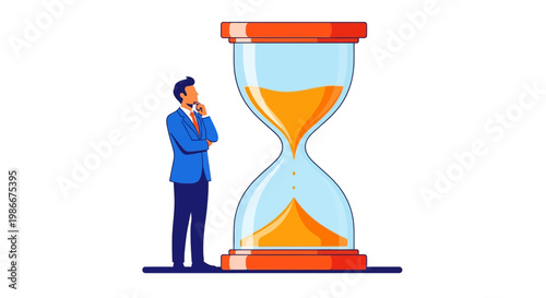 Man contemplating giant hourglass symbolizing time and business decisions.