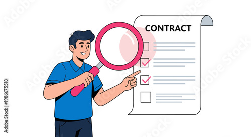 Man Examining Contract Document with Magnifying Glass.