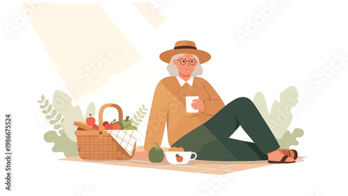 Senior Woman Enjoying Outdoor Picnic Relaxation, Healthy Lifestyle, Leisure Activity