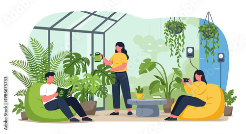 People enjoying plants in a greenhouse setting.