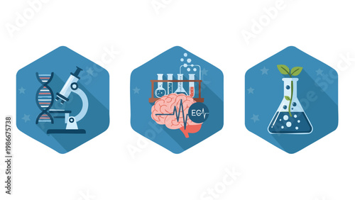 Science & Research Icons: DNA, Brain, Biology Lab Icons for Medical & Tech