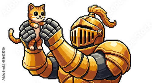 Golden Knight Holding Adorable Orange Kitten Gently.