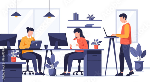 Modern Office Environment with People Working on Computers.