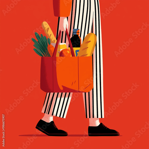 Minimal Flat Illustration of Person Carrying Grocery Bag with Fresh Food on Red Background