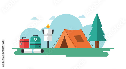 A colorful vector illustration of a campsite featuring an orange tent, backpacks, a sleeping mat, and a single pine tree under a soft blue sky.