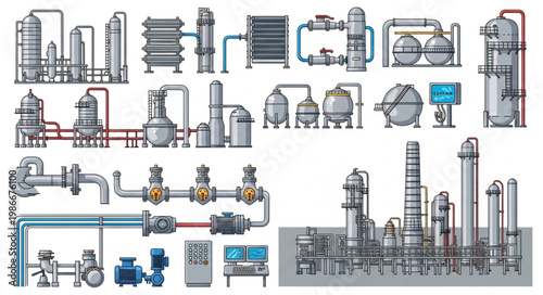 Detailed Chemical Plant and Industrial Equipment Illustration.