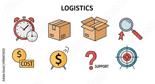 Logistics and Supply Chain Management Icons - Time, Boxes, Cost, Support, and Target.