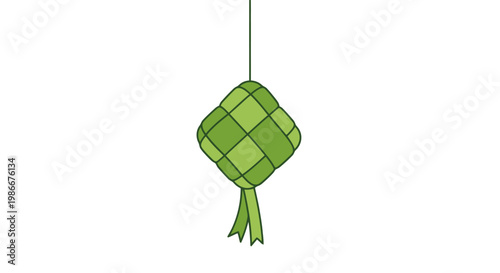A single decorative green rhombus shaped food pouch made of woven palm leaves hangs from a thin string a culturally significant traditional edible parcel commonly found during festive