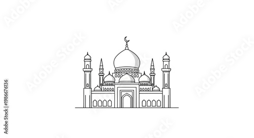 Architectural drawing of a grand religious edifice with a dome and minarets representing a place of worship and cultural heritage for community gatherings and spiritual reflection presented in a