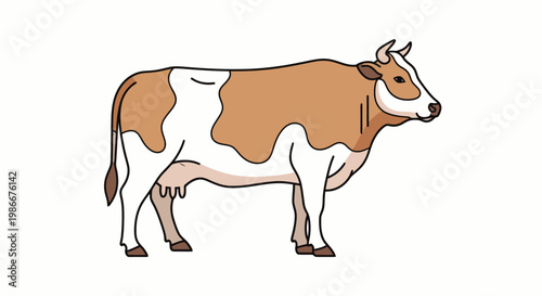 Brown and white patterned bovine animal seen from the side in a standing pose portraying a farm creature with distinct markings and full udders ready for dairy production or agricultural themes