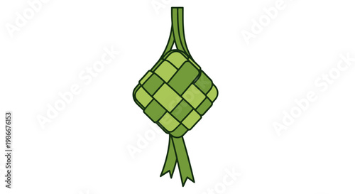 Green diamond shaped woven palm leaf food packet traditionally prepared for celebrations and cultural events featuring a diamond geometric pattern for festive occasions and traditional food