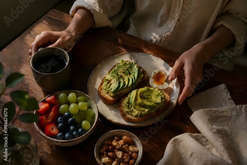 Healthy Avocado Toast Breakfast with Fresh Fruits and Coffee in Cozy Natural Morning Light