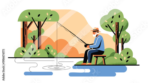 Senior Man Fishing by Lake - Relaxing Outdoor Hobby & Lifestyle Illustration