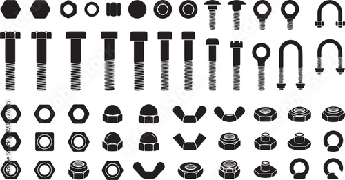 Set of nut and bolt silhouettes black vector icons of industrial fasteners and hardware equipment in minimal flat style isolated on transparent background