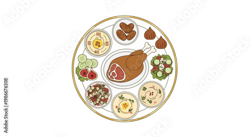 A Generous Spread of Delicious Food Featuring a Roasted Turkey Drumstick Surrounded by Various Appetizers and Salads Served on a Large Round Platter for Culinary Enjoyment and Festive Gatherings