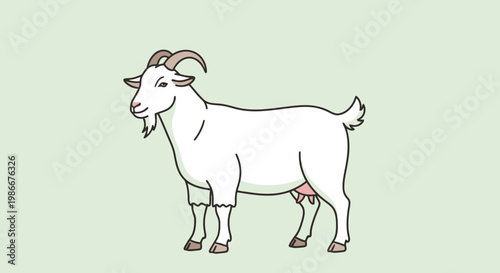 A domestic dairy animal with horns and a beard stands facing forward showcasing its full body and udder against a soft muted green colored backdrop for agricultural or farm related themes