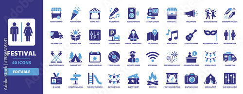 Festival icon set featuring solid glyph graphics for party popper, music stage, event tent, campfire, firework rockets, ticket, food stall, acoustic guitar, and carnival performance.