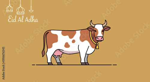 Cute cartoon spotted cow with horns and bell wearing collar standing on brown surface text Eid Al Adha lantern drawings above head cultural religious holiday celebration concept agriculture