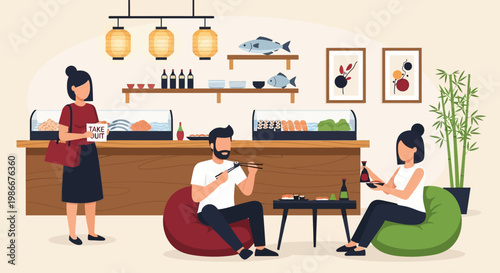 People enjoying sushi at a Japanese restaurant.