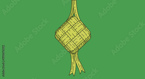 Decorative Green Woven Rice Pouch Ornament Hanging with Tied Ends Traditional Cultural Festive Food Packaging Preparation Asian Cuisine Celebration Food Preparation Concept Art