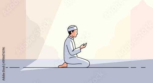 A devout individual in traditional attire kneels on a prayer mat beneath a gentle beam of light embodying spiritual devotion and peaceful contemplation in a serene unadorned setting representing