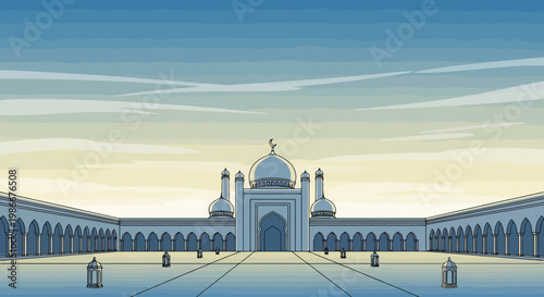 Expansive Courtyard of a Grand Mosque Under a Vast Sky with Wispy Clouds at Dusk Illuminating the Architectural Exterior of Religious Edifice Featuring Arches and a Central Dome with Towers