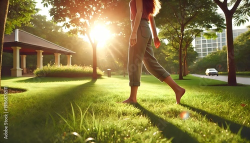 Woman Walking Barefoot on Green Grass in Urban Park at Golden Hour Wellness and Freedom Lifestyle