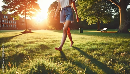 Woman Walking Barefoot on Grass in Warm Sunlight Freedom Nature and Wellness Lifestyle Concept