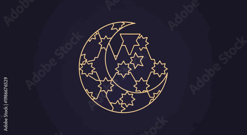Celestial dreamscape unfolds with a stylized crescent moon surrounded by shimmering stars forming an intricate astronomical pattern against a deep twilight expanse evoking a sense of wonder and